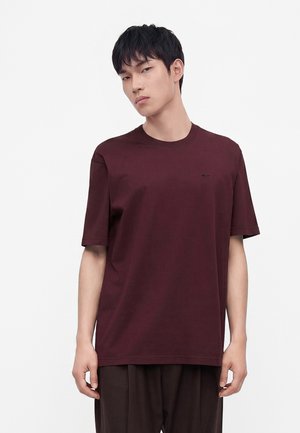 Jeune homme aux cheveux noirs portant un t-shirt uni rouge foncé à manches courtes et un pantalon marron sur fond blanc.