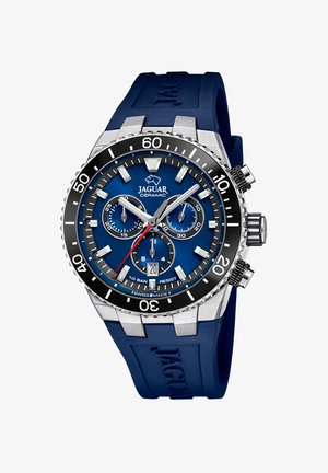 Reloj de cerámica Jaguar con esfera azul, caja de acero inoxidable, bisel negro, funciones de cronógrafo y correa de goma azul. Presenta acentos plateados.