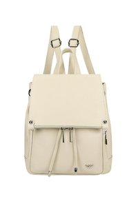 Beige leren rugzak met een textuurafwerking, voorzien van een flapluiting, een ritsvak aan de voorkant en verstelbare schouderbanden. Inclusief metallic accenten.