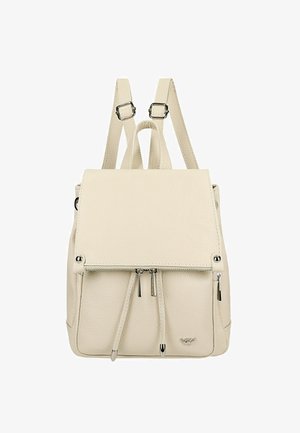 Beige leren rugzak met een textuurafwerking, voorzien van een flapluiting, een ritsvak aan de voorkant en verstelbare schouderbanden. Inclusief metallic accenten.