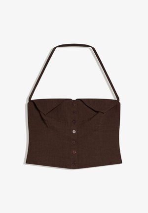 Donkerbruin mouwloos cropped topje met halterneck en knoopsluiting aan de voorkant op een witte achtergrond.