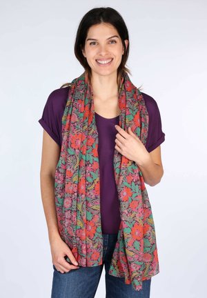 Floral scarf featuring multicolored patterns with red flowers and green leaves on a light background. Lightweight fabric drapes loosely.