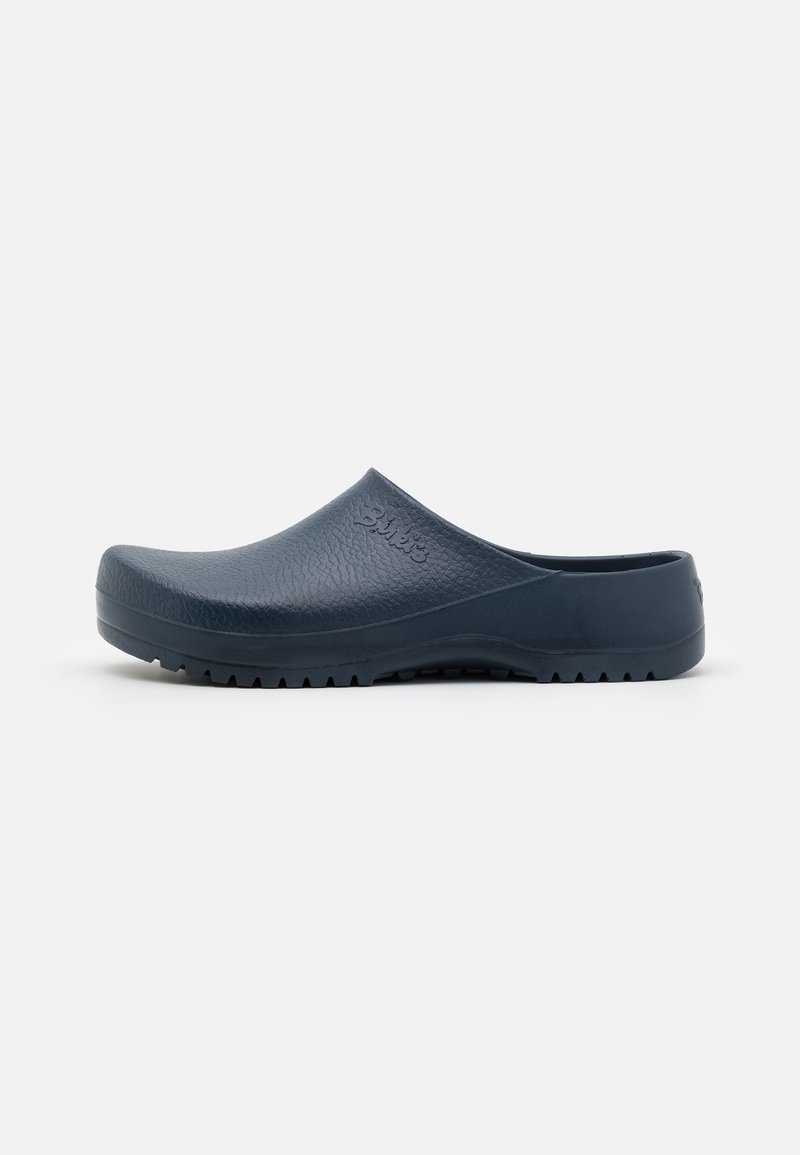 Navy blue rubber clogs with a textured surface, rounded toe, and a low back. Features a rubber sole with grooves for traction.
