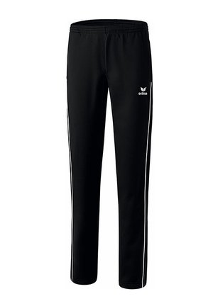 Pantaloni sportivi neri con una vestibilità rilassata, caratterizzati da strisce laterali bianche e una vita elastica. Realizzati in un materiale liscio e leggero.