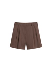 Hnědé skládací šortky vyrobené z lehkého materiálu. Mají přizpůsobený design s rovnou přední částí a bočními kapsami.