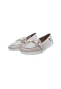 Woven metallic loafers in silver and gold hues, featuring a decorative chain accent, rounded toe, and flat white sole.