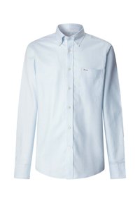 Chemise à rayures fines bleu clair et blanc, à boutons, manches longues, col boutonné et poche poitrine gauche à l'avant.