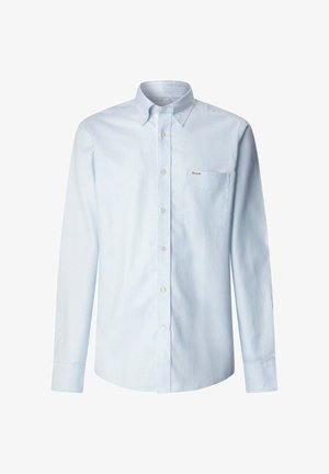 Chemise à rayures fines bleu clair et blanc, à boutons, manches longues, col boutonné et poche poitrine gauche à l'avant.