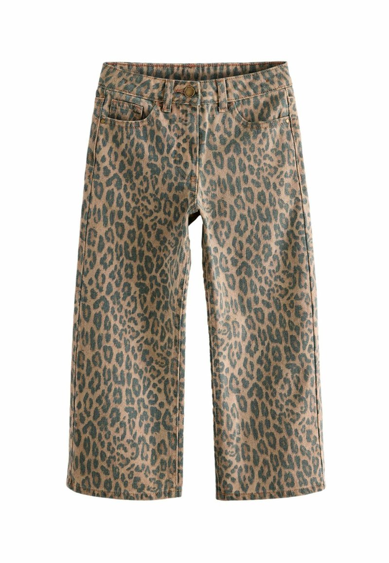 Leopardenmuster weit geschnittene Jeans in Beige und Grün, mit Knopfverschluss, fünf Taschen und einer weichen Denim-Textur.