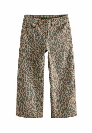 Leopardenmuster-Jeans in Beige mit dunkelbraunen und grünen Flecken. Weit geschnittener Stil mit vier Taschen und einem Knopfverschluss vorne.