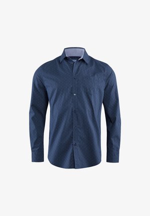 Dunkelblaues Button-Up-Hemd aus Baumwolle, mit einem dezenten Streifenmuster, langen Ärmeln und einer Tasche auf der linken Brust.