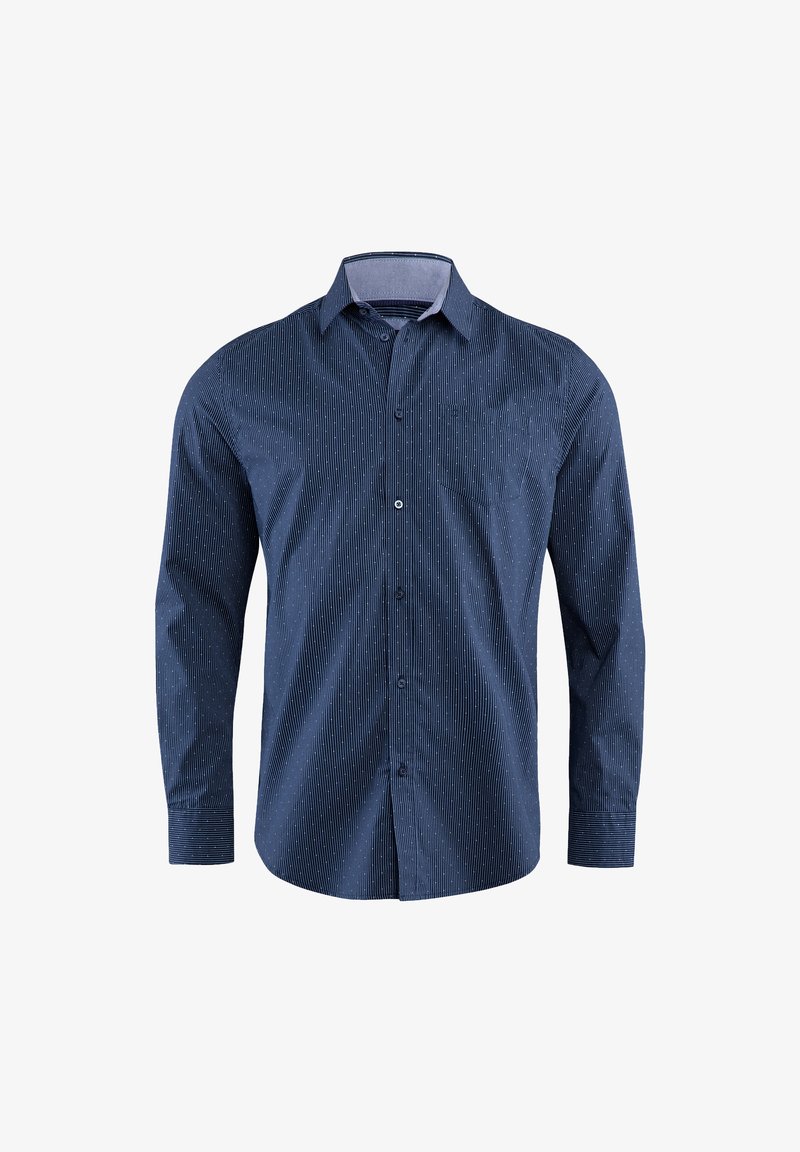 Dunkelblaues Button-Up-Hemd aus Baumwolle, mit einem dezenten Streifenmuster, langen Ärmeln und einer Tasche auf der linken Brust.