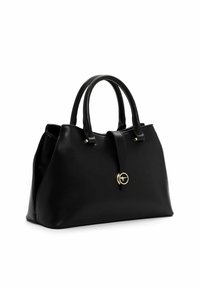 Borsa a mano in pelle nera con manici rotondi, forma strutturata, con dettagli in metallo dorato e chiusura centrale a flap. Texture liscia.