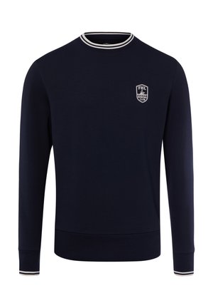 Maglione blu navy a maniche lunghe con collo tondo a righe bianche e polsini, con una piccola spilla "FHL Rowing Club" sul petto.