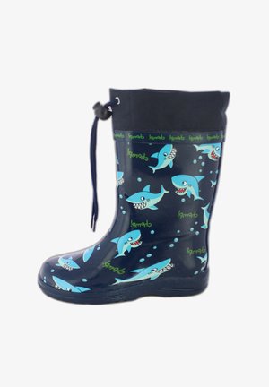 Botte de pluie en caoutchouc bleue avec un motif de requin, bord supérieur noir, fermeture par cordon de tirage et semelle texturée pour une bonne adhérence. Conçue pour les conditions humides.
