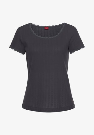 Dark gray short-sleeve t-shirt with a scalloped neckline and textured pattern. Lightweight fabric with a relaxed fit and hem detail.