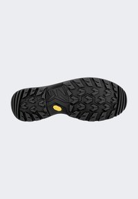 Zwarte buitenzool met diepe, agressieve looppatronen, met een prominent geel Vibram-logo in het midden voor verbeterde grip en duurzaamheid.