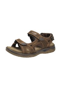 Brown sandal with adjustable straps, padded footbed, and textured rubber sole. Features stitching accents and open design for breathability.