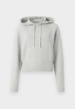 Lichtgrijze cropped hoodie met een geribbelde zoom en manchetten, voorzien van een trekkoordkap en raglanmouwen. Zacht, gestructureerd materiaal.