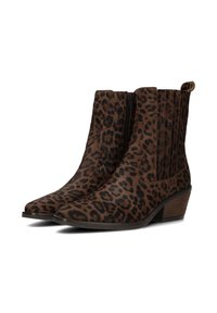 Botines de leopardo hechos de material suave, con puntera puntiaguda, cremallera lateral y un tacón de madera apilada para mayor soporte.