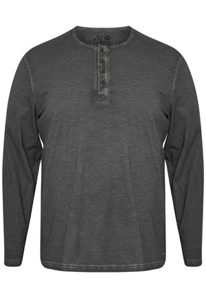 Langärmliges graues Henley-Shirt aus weichem Stoff, mit Rundhalsausschnitt, Knopfleiste mit fünf Knöpfen und gesteppten Akzenten auf den Schultern.