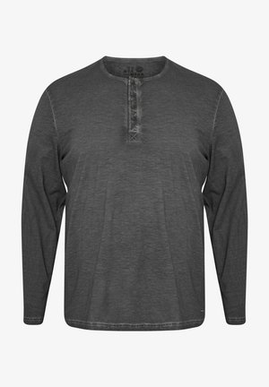 Long-sleeve gray henley shirt made of soft fabric, featuring a rounded neckline, five-button placket, and stitched accents on the shoulders.
