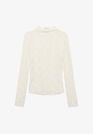 Langärmliges Oberteil in Creme mit strukturiertem, wellenförmigem Muster. Mit einem Stehkragen und figurbetontem Schnitt. Aus weichem, leichtem Stoff.