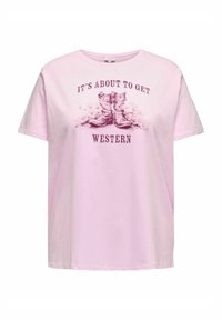 Light pink cotton t-shirt featuring short sleeves and a relaxed fit, with a printed western boot graphic and text saying “IT’S ABOUT TO GET WESTERN.”