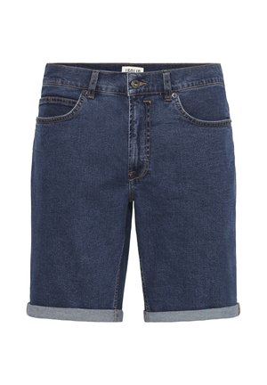 Donkerblauwe denim shorts met opgerolde zoom, vijfzakkenontwerp en contrasterende stiksels. Standaard tailleband met knoop- en ritsluiting.