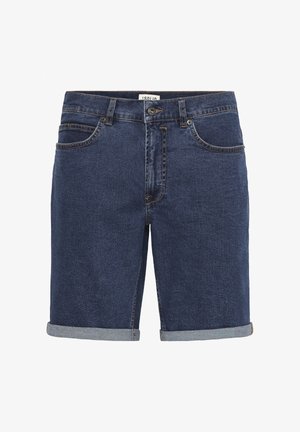 Donkerblauwe denim shorts met opgerolde zoom, vijfzakkenontwerp en contrasterende stiksels. Standaard tailleband met knoop- en ritsluiting.