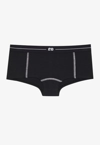 Boxeri negri din material moale, având accente de cusătură albă și un logo pe elastic. Croială medie, cu un design ajustat.