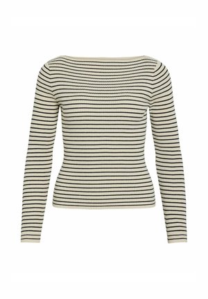 Pull à manches longues en maille côtelée avec des rayures horizontales noires et blanches et un large col bateau.