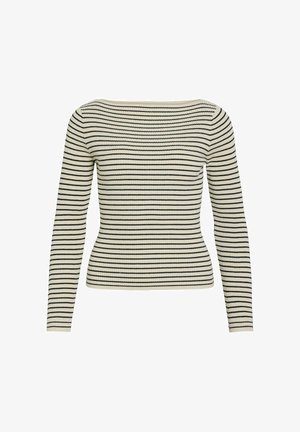 Jersey de punto acanalado de manga larga con rayas horizontales en blanco y negro y un amplio escote barco.