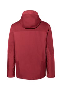 Veste imperméable rouge avec capuche, présentant une texture lisse et un design sans coutures. Comprend des poches latérales et un ourlet arrière légèrement plus long.