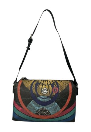 Borsa a spalla nera con un design grafico colorato caratterizzato da motivi circolari, tessuto strutturato e un accento con logo argentato sul davanti.