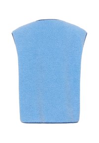 Blaues rechteckiges Mikrofasertuch mit einer strukturierten Oberfläche und leicht gewölbtem oberen Rand auf einem weißen Hintergrund.