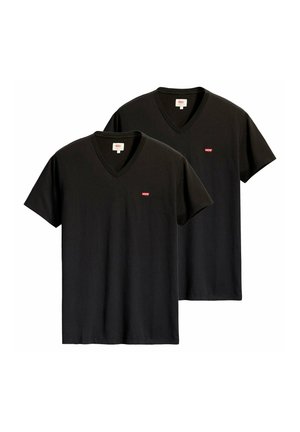 Two black V-neck Levi's t-shirts with short sleeves, each featuring a small red Levi's logo on the left chest.