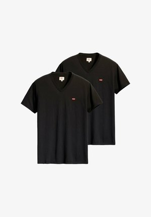 Zwei schwarze V-Ausschnitt Levi's T-Shirts mit kurzen Ärmeln, jedes mit einem kleinen roten Levi's-Logo auf der linken Brust.