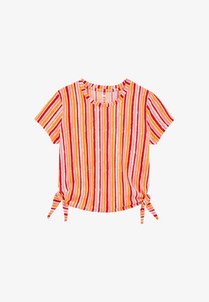 Lyhyet hihat, pehmeästä kankaasta valmistettu paita, jossa on pystysuorat raidat punaisena, oranssina ja keltaisena. Helmassa oleva solmuedustus tuo lisäilmettä.