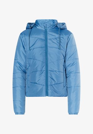 Blaue gepolsterte Jacke mit durchgehendem Reißverschluss, Kapuze und elastischen Bündchen. Mit diagonalen Nähten und glänzender Textur. Leicht und kompakt im Design.