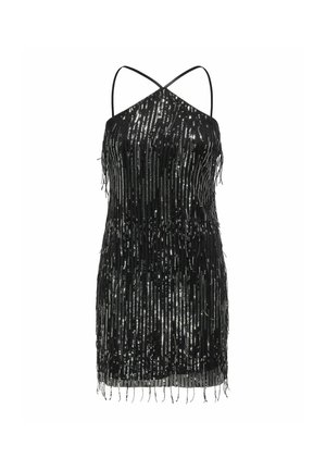 Robe mini noire sans manches avec fines bretelles, décorée de sequins argentés verticaux et de franges.