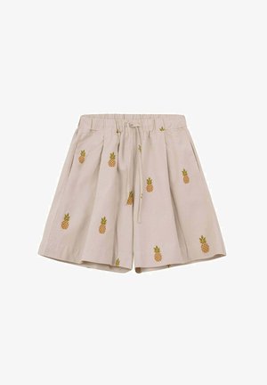 Beżowe szorty z bawełny z talią na sznurek, ozdobione drobnymi haftowanymi ananasami w kolorach pomarańczowym i zielonym.