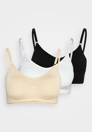 Trois soutiens-gorge sans fil en beige, blanc et noir. Tissu doux avec une texture lisse, et bretelles ajustables. Présente un détail froncé au centre.