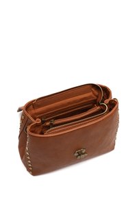 Brown leather bag with a textured finish, featuring multiple zippered compartments and gold-tone studs along one side for detailing.