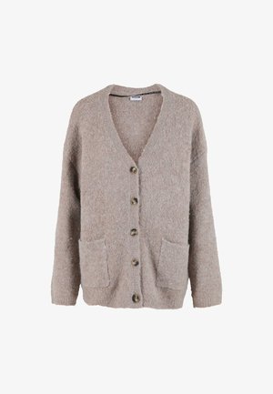 Beige gestrickte Strickjacke mit V-Ausschnitt, langen Ärmeln, sechs braunen Knöpfen vorne und zwei Taschen auf der Vorderseite. Weicher Stoff und lockere Passform.