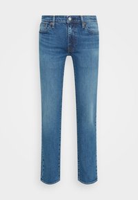 Ljusblå denimjeans med rak bendesign, som har fem fickor, knäppning och subtil blekning längs låren.