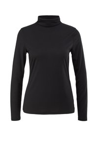 Haut noir à manches longues et col roulé, fabriqué en tissu doux, présentant une silhouette ajustée et un col haut à texture lisse.