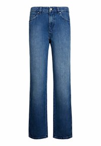 Blå denimjeans med rak bendesign, femficksstil och klassisk knappstängning. Tyget har en jämn textur.