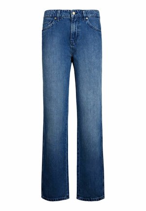 Blauwe denim jeans met een rechte pijpconstructie, vijf-pocketstijl en een klassieke knoopsluiting. De stof heeft een gladde textuur.