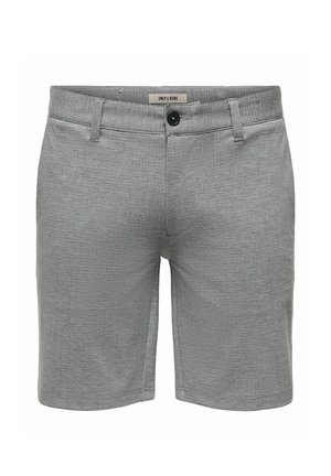 Pantalones cortos de hombre en tela gris texturizada con botón y trabillas para cinturón, con la etiqueta ONLY & SONS en la cintura, mostrados de frente sobre un fondo blanco.